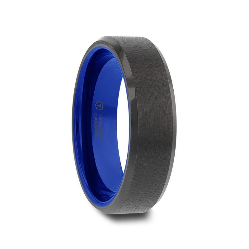 Thorsten RIGEL Flat Beveled Edges Black Tungsten Ring with Brushed Center and Vibrant Blue Ceramic Inside - 6mm & 8mm- Sparkle & Jade-SparkleAndJade.com W3833-BTBI