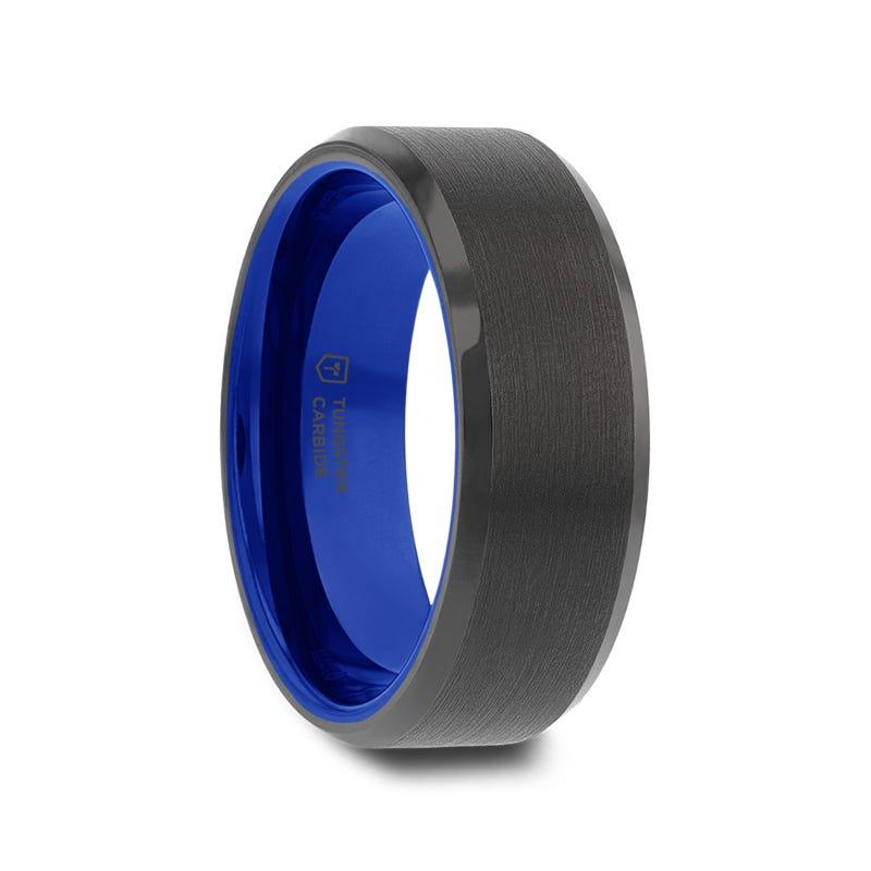 Thorsten RIGEL Flat Beveled Edges Black Tungsten Ring with Brushed Center and Vibrant Blue Ceramic Inside - 6mm & 8mm- Sparkle & Jade-SparkleAndJade.com W3833-BTBI