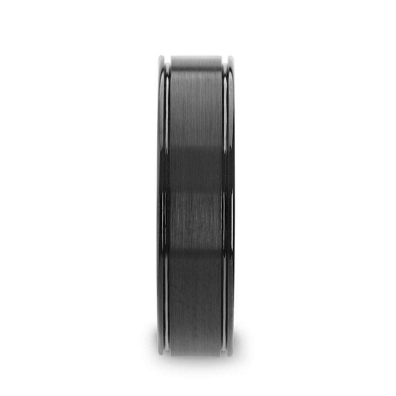 Thorsten TURNER Flat Brushed Finish Center Black Tungsten Carbide Wedding Band with Dual Offset Grooves and Polished Edges - 6mm & 8mm- Sparkle & Jade-SparkleAndJade.com 