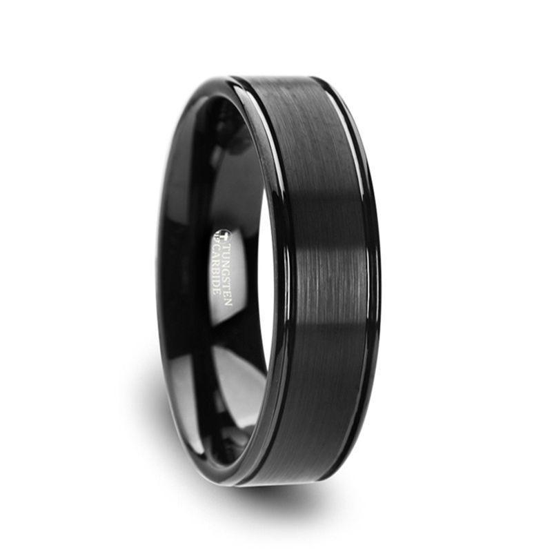 Thorsten TURNER Flat Brushed Finish Center Black Tungsten Carbide Wedding Band with Dual Offset Grooves and Polished Edges - 6mm & 8mm- Sparkle & Jade-SparkleAndJade.com W4016-BTBG