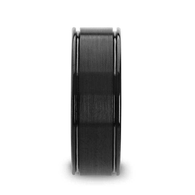 Thorsten TURNER Flat Brushed Finish Center Black Tungsten Carbide Wedding Band with Dual Offset Grooves and Polished Edges - 6mm & 8mm- Sparkle & Jade-SparkleAndJade.com 