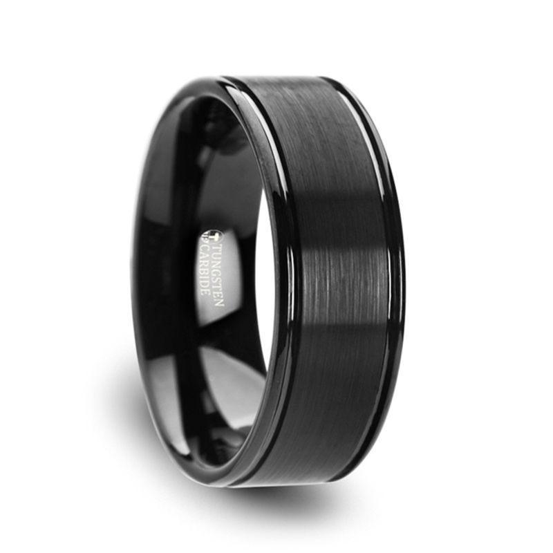 Thorsten TURNER Flat Brushed Finish Center Black Tungsten Carbide Wedding Band with Dual Offset Grooves and Polished Edges - 6mm & 8mm- Sparkle & Jade-SparkleAndJade.com W4016-BTBG