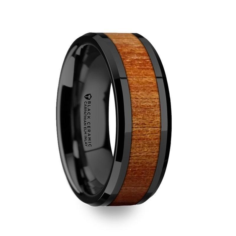 Thorsten THRACIAN Carpathian Wood Inlaid Black Ceramic Ring w/ Bevels- Sparkle & Jade-SparkleAndJade.com 