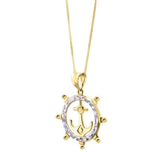 10k Gold Ship's Wheel with Anchor Pendant 18" Necklace- Sparkle & Jade-SparkleAndJade.com ZTS5106-18